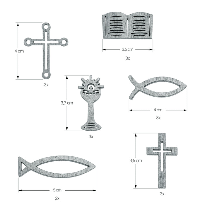 Holz Konfetti 18 teilig Kreuze Fische Bücher uvm. Streudeko Tisch Deko für Taufe Kommunion Konfirmation - Echtholz silber