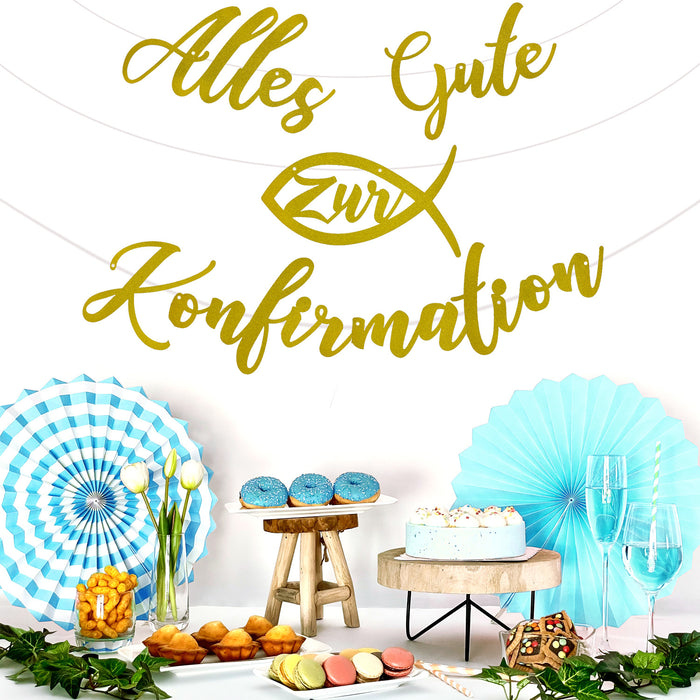 Girlande Alles Gute zur Konfirmation mit Fisch Hängedeko für Konfirmation von Jungen und Mädchen - gold