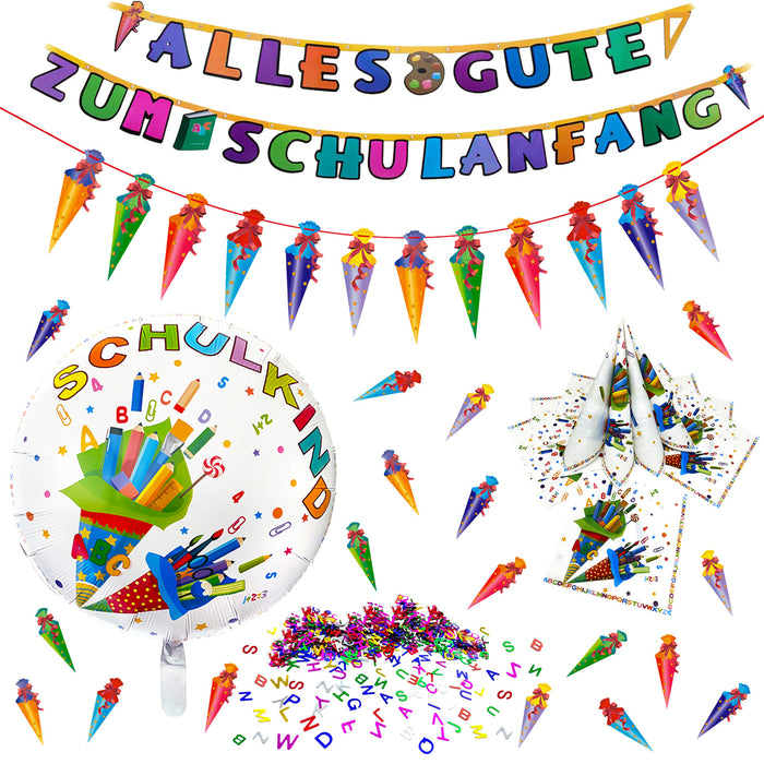 Schuleinführung Einschulung Deko Set - Folienballon Schulkind + 2x Girlande + Servietten + 2x Konfetti Set