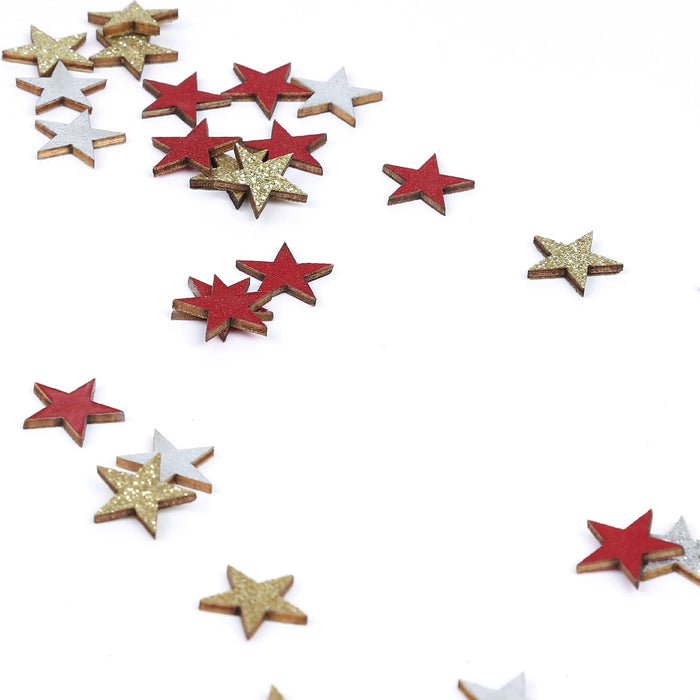 Holz Sterne Deko Set Holzdeko Konfetti Weihnachtsdeko Tischdeko Streudeko für Weihnachten - rot gold weiß
