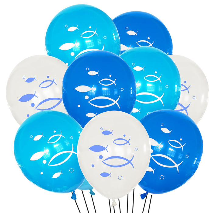 Fisch Luftballon Set 10 Stk. Ballons für Taufe Kommunion Konfirmation Deko Junge Weiß Blau