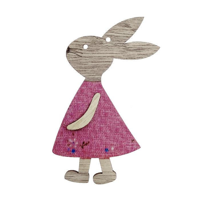 Holz Hase Mädchen im Kleid Anhänger Häschen Hängedeko für Osterstrauß Deko aus Echtholz für Ostern - pink