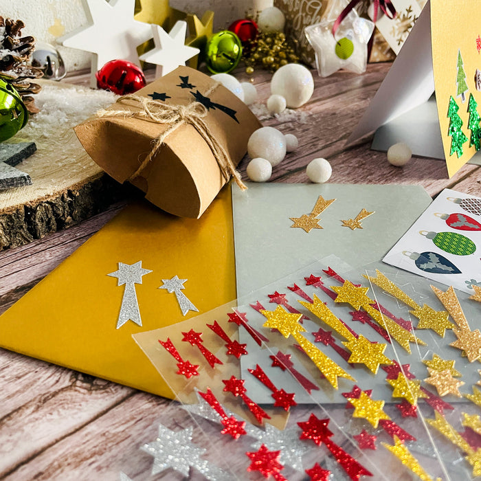 74 Sternschnuppen Sticker Glitzer Schnuppen Stern Aufkleber für Weihnachten zum Dekorieren Spielen Basteln Scrapbooking - silber