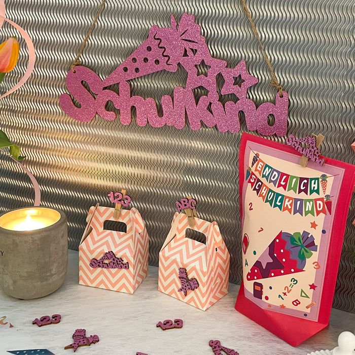 10 Mini Wäscheklammern Holz Miniklammern Glitzernd mit Schulkind 123 ABC Motiv für Schuleinführung Einschulung - rosa