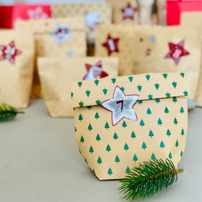 DIY Adventskalender Set - 24 Tüten + 24 Zahlen Sticker Aufkleber in Stern Form für Advent Weihnachten