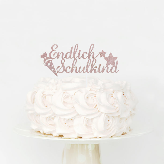 Endlich Schulkind Torten Topper Glitzernd rosa für Schuleinführung Einschulung Schulanfang Mädchen Kuchendeckel