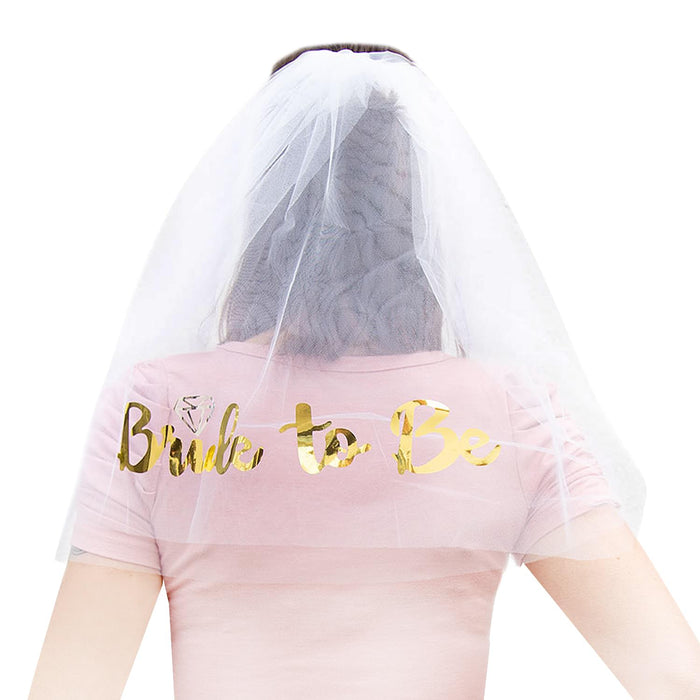 JGA Hochzeit Party Accessoire Set - Bride to Be Schärpe + Haarkamm mit Brautschleier weiß gold