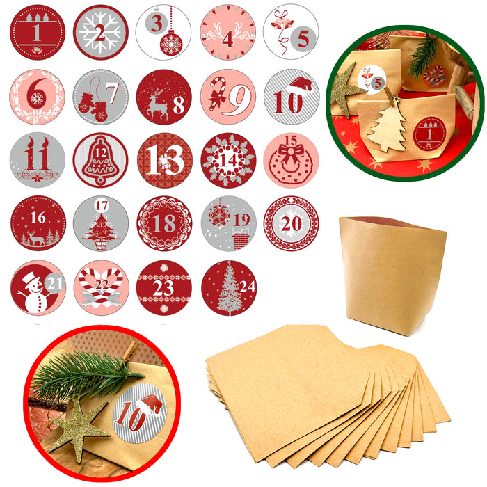 DIY Adventskalender Set - 24 Tüten + 24 Zahlen Sticker Aufkleber für Weihnachten Advent