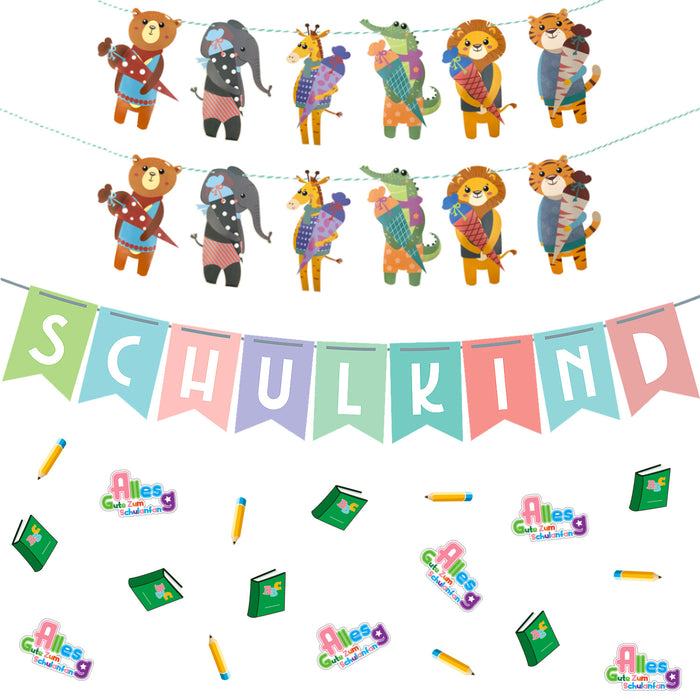 Schuleinführung Schulanfang Einschulung Deko Set - Tier Girlande + Schulkind Girlande + Konfetti Schule