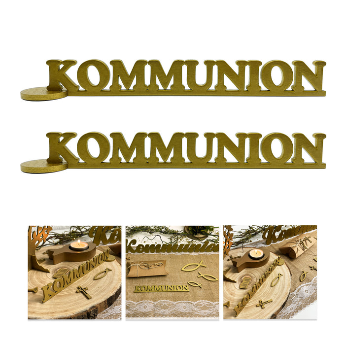 Schriftzug Kommunion aus Holz 2er Set als Tischdeko für Kommunion Deko Dekoration Junge Mädchen - gold