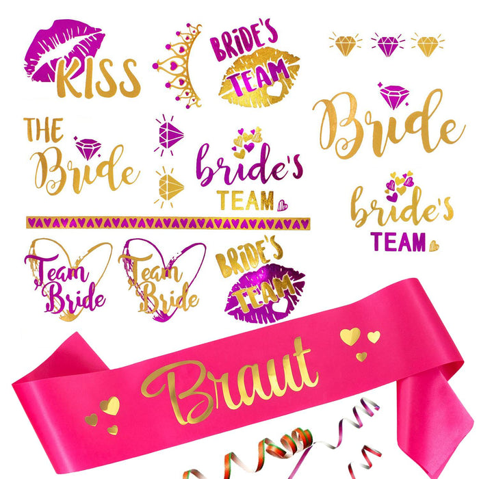 JGA Hochzeit Accessoire Set - Braut Schärpe + Bride - Team Bride Tattoos pink gold