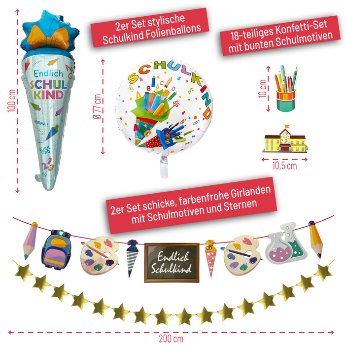 Schuleinführung Schulanfang Einschulung Deko Set - Endlich Schulkind & Stern Girlande + Zuckertüten Folienballon + Schulkind Ballon + Konfetti Set