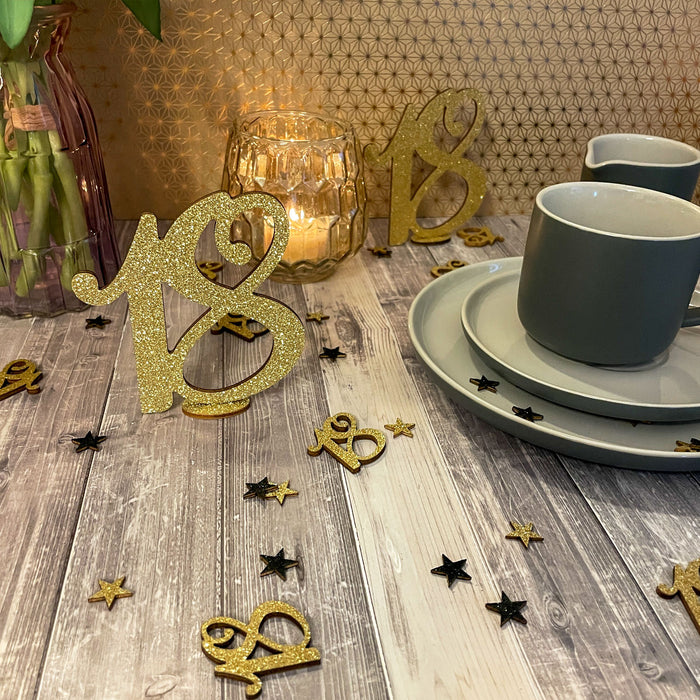 Konfetti Zahl 18 Geburtstag + Sterne aus Holz Streudeko Streuteile Deko 13g - gold schwarz