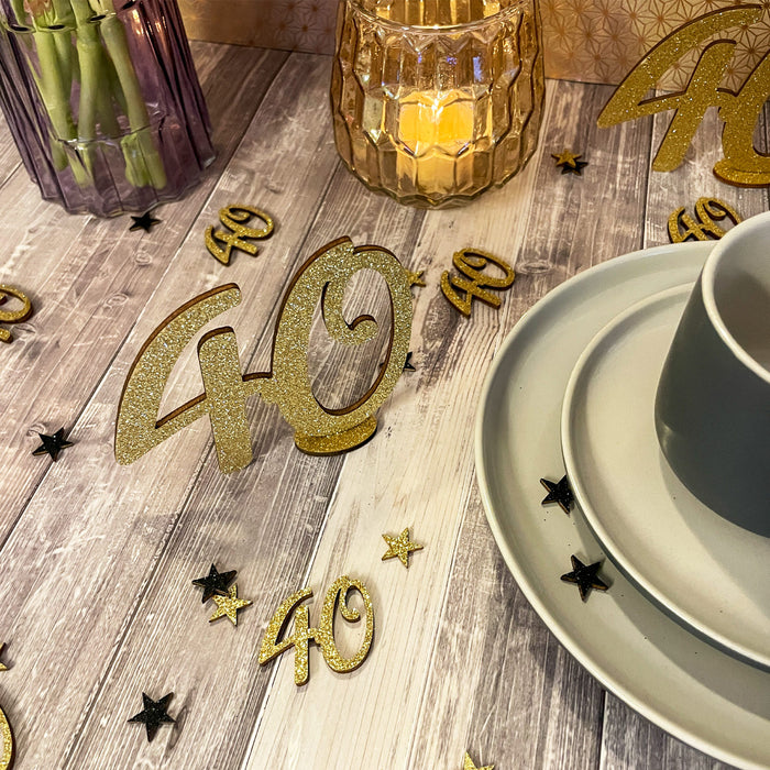 Konfetti Zahl 40 Geburtstag + Sterne aus Holz Streudeko Streuteile Deko 13g - gold schwarz