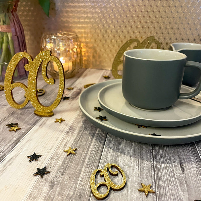 Konfetti Zahl 60 Geburtstag + Sterne aus Holz Streudeko Streuteile Deko 13g - gold schwarz