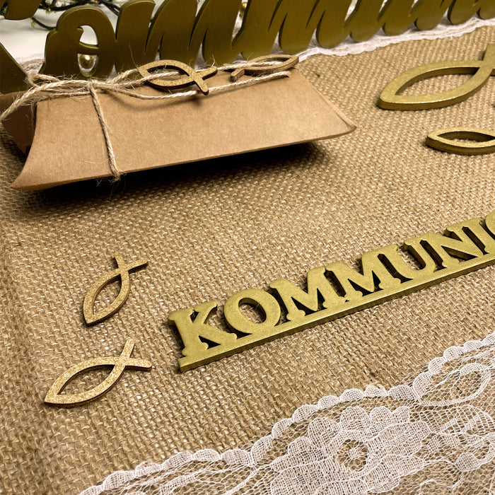 Schriftzug Kommunion aus Holz 2er Set als Tischdeko für Kommunion Deko Dekoration Junge Mädchen - gold