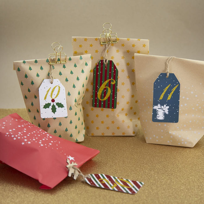 24 Zahlen Anhänger 1-24 mit Jute Schnur und Glitzereffekt für DIY Adventskalender Weihnachten Deko