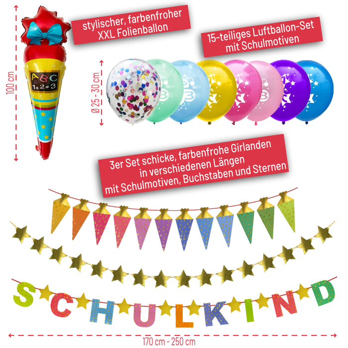 Schuleinführung Schulanfang Einschulung Deko Set - Schulkind Zuckertüten Stern Girlande + Zuckertüten Folienballon + Konfetti Ballon Set