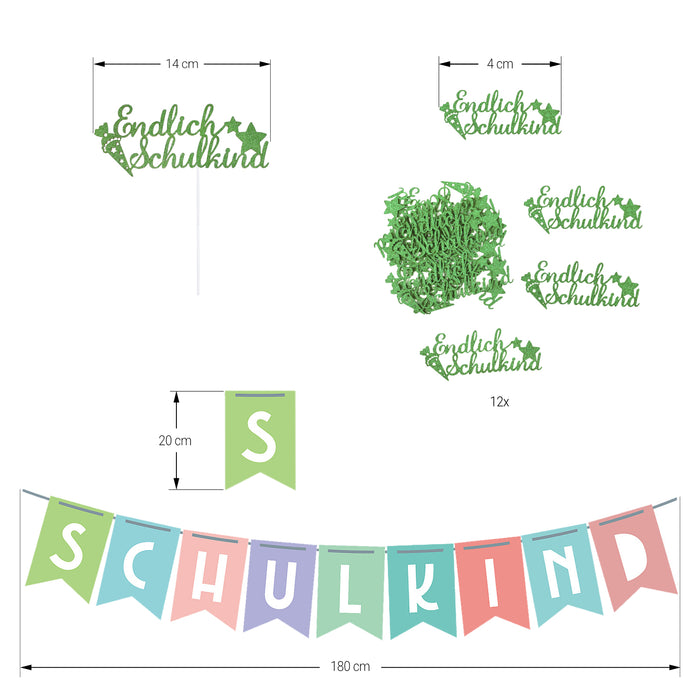 Schuleinführung Schulanfang Einschulung Deko Set - Schulkind Girlande + Torten Topper + Konfetti Set