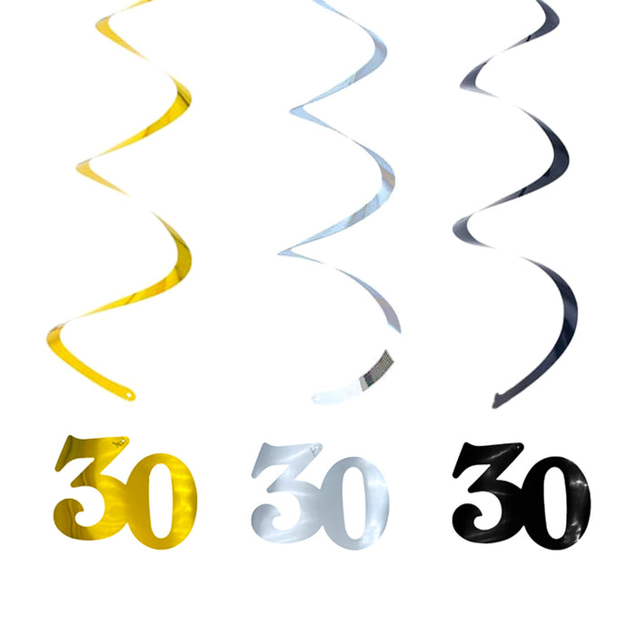 30. Geburtstag Wirbel Spiral Deckenhänger Girlande Set 30. Jubiläum Deko gold silber schwarz