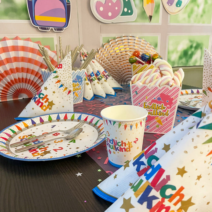 Schuleinführung Schulanfang Einschulung Deko Set - Girlanden + Pappboxen + Pappteller + Pappbecher + Servietten + Tischläufer + Sticker
