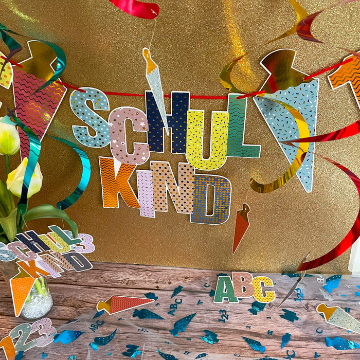 Schuleinführung Schulanfang Einschulung Deko Set - Girlanden + Konfetti + Luftballons + Deko Schachteln