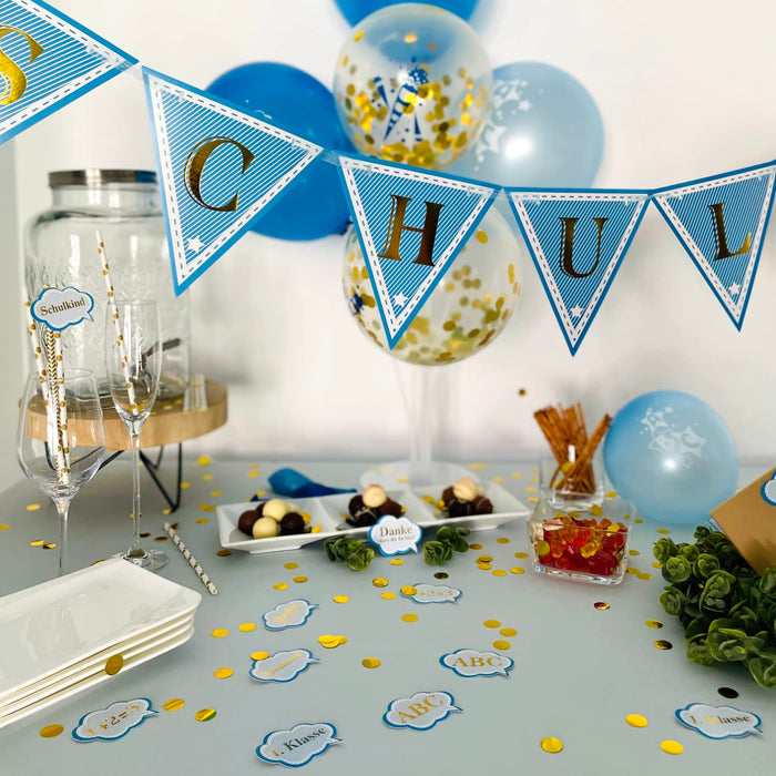 Schuleinführung Schulanfang Einschulung Deko Set - Schulkind Folienballon + 2 Girlanden + 2 Konfetti Sets