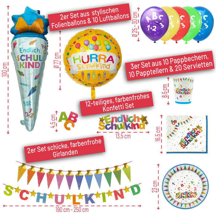 Schuleinführung Schulanfang Einschulung Deko Set - Folienballons + Girlanden + Servietten + Becher + Teller + Luftballons + Konfetti