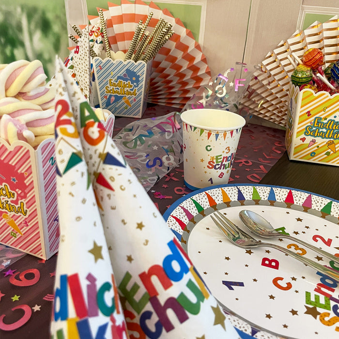 Schuleinführung Schulanfang Einschulung Deko Set - Girlanden + Pappboxen + Pappteller + Pappbecher + Servietten + Tischläufer + Sticker