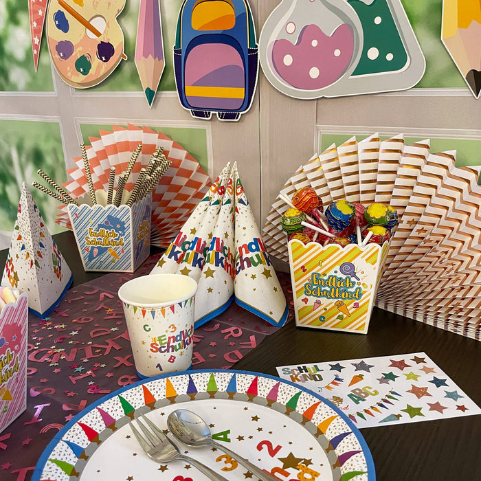 Schuleinführung Schulanfang Einschulung Deko Set - Girlanden + Pappboxen + Pappteller + Pappbecher + Servietten + Tischläufer + Sticker