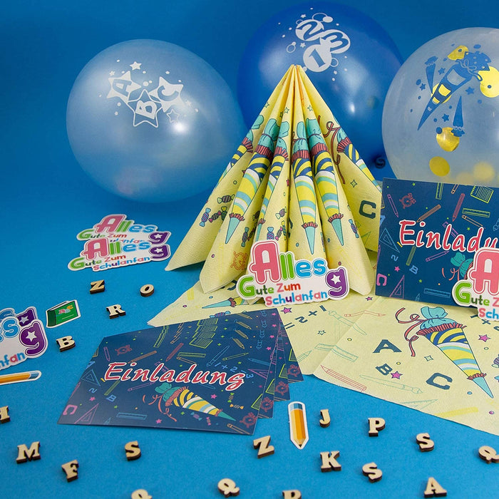 Schuleinführung Schulanfang Einschulung Deko Set - 2 Folienballons + 2 Girlanden + Konfetti Set + 10 Pappteller + 10 Pappbecher + 20 Servietten + 15 Luftballons
