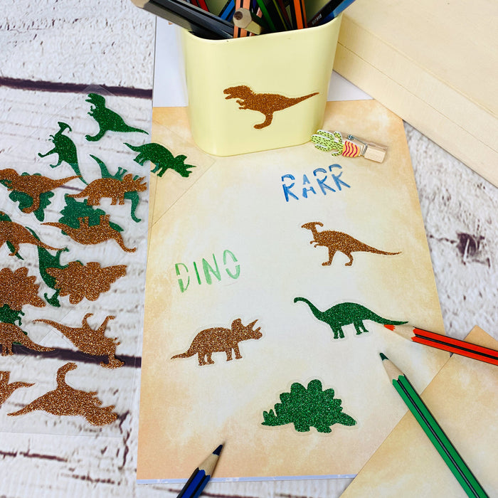 20 Dino Sticker Glitzer Dinosaurier Aufkleber zum Basteln Spielen Scrapbooking Dekorieren - grün