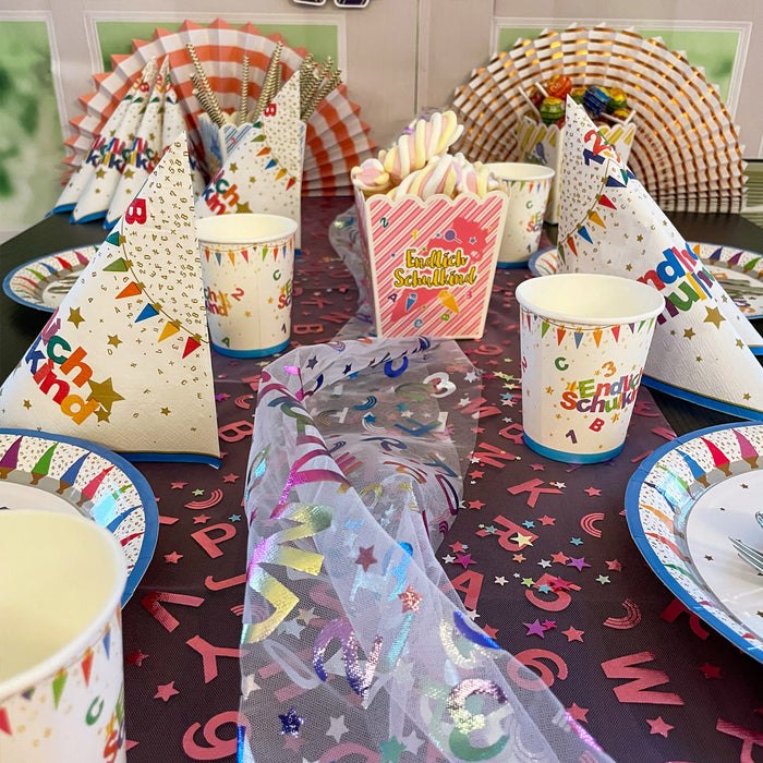 Schuleinführung Schulanfang Einschulung Deko Set - Girlanden + Pappboxen + Pappteller + Pappbecher + Servietten + Tischläufer + Sticker