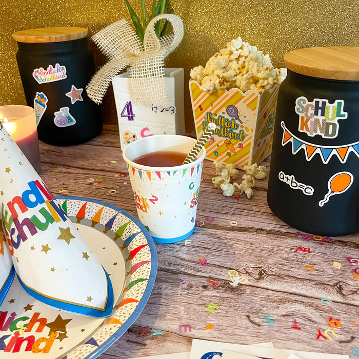 Schuleinführung Schulanfang Einschulung Deko Set - Girlanden + Pappboxen + Pappteller + Pappbecher + Servietten + Tischläufer + Sticker