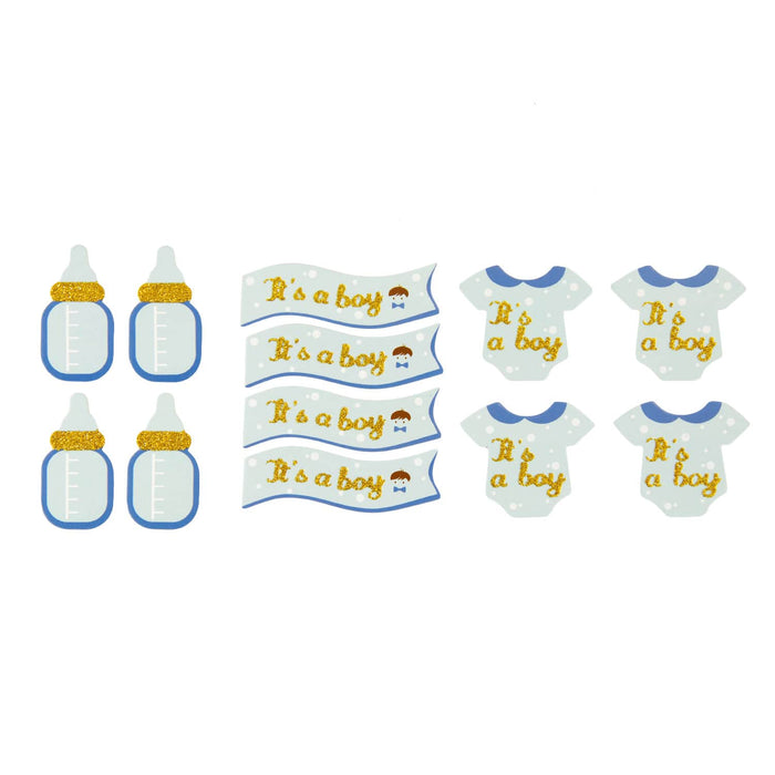 12x Konfetti - Fläschchen + Banner + Body Tischdeko Baby Shower Babyparty Junge - blau