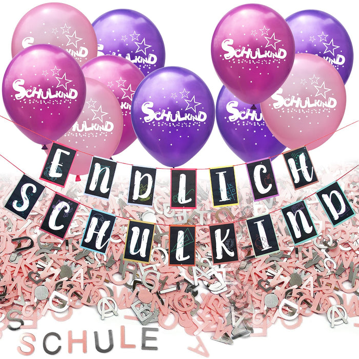 Schuleinführung Schulanfang Einschulung Deko Set - Endlich Schulkind Girlande Luftballons Konfetti