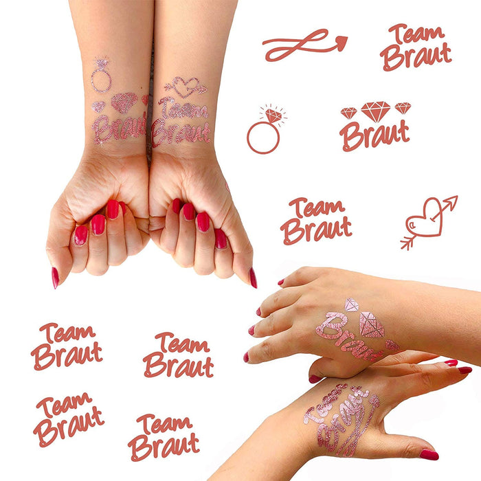 JGA Hochzeit Accessoire Set - Braut Schärpe + Braut - Team Braut Tattoos lachs roségold