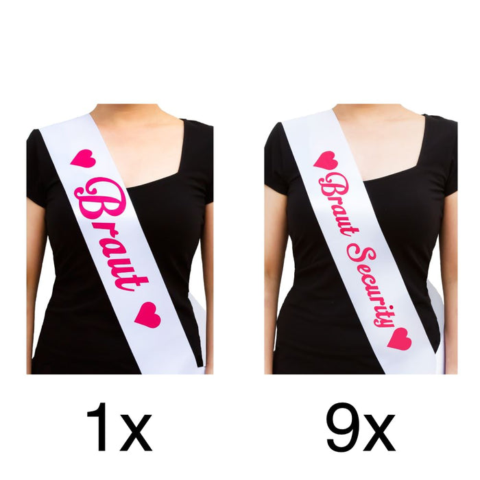 Schärpe Braut + Braut Security Set JGA Hen Party Bride to be Herz weiß