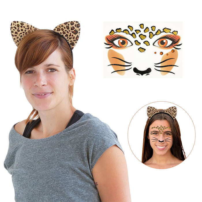 Leopard Kostüm Accessoire Set - Haarreif + Gesicht Sticker für Halloween Fasching Karneval Motto Party