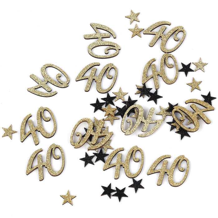 Konfetti Zahl 40 Geburtstag + Sterne aus Holz Streudeko Streuteile Deko 13g - gold schwarz