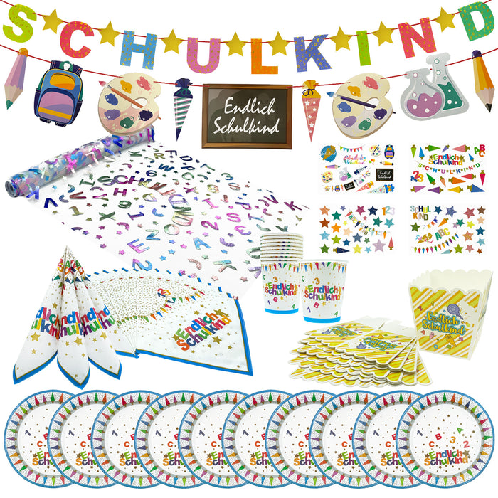 Schuleinführung Schulanfang Einschulung Deko Set - Girlanden + Pappboxen + Pappteller + Pappbecher + Servietten + Tischläufer + Sticker