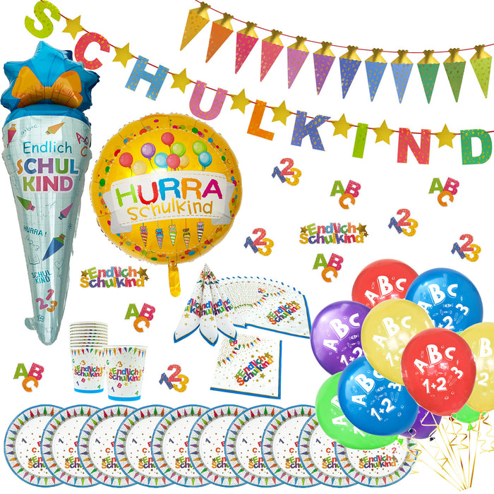 Schuleinführung Schulanfang Einschulung Deko Set - Folienballons + Girlanden + Servietten + Becher + Teller + Luftballons + Konfetti