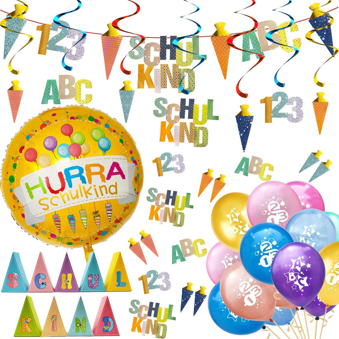 Schuleinführung Schulanfang Einschulung Deko Set - Girlanden + Konfetti + Luftballons + Deko Schachteln