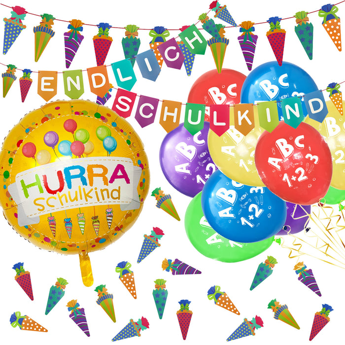 Schuleinführung Schulanfang Einschulung Deko Set - Schulkind Folienballon + ABC 123 Luftballons + 2 Girlanden + Konfetti Set