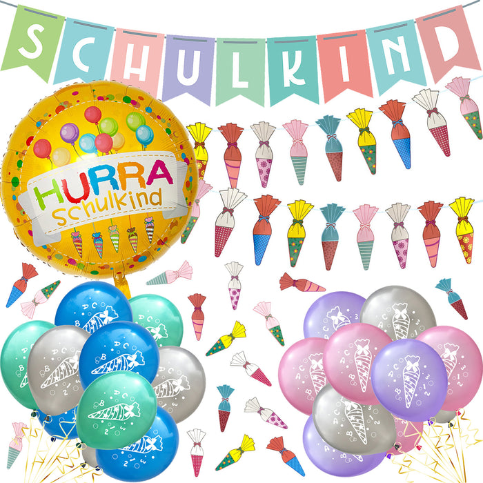 Schuleinführung Schulanfang Einschulung Deko Set - Schulkind Folienballon + 2 Girlanden + Zuckertüten Konfetti + 20 Luftballons