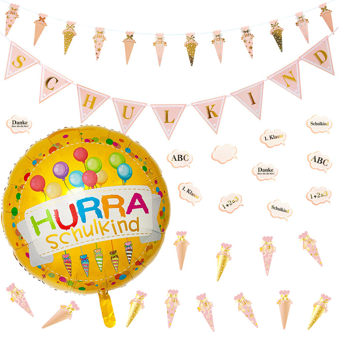 Schuleinführung Schulanfang Einschulung Deko Set - Schulkind Folienballon + 2 Girlanden + Zuckertüten Konfetti + Konfetti Set mit Schulmotiven