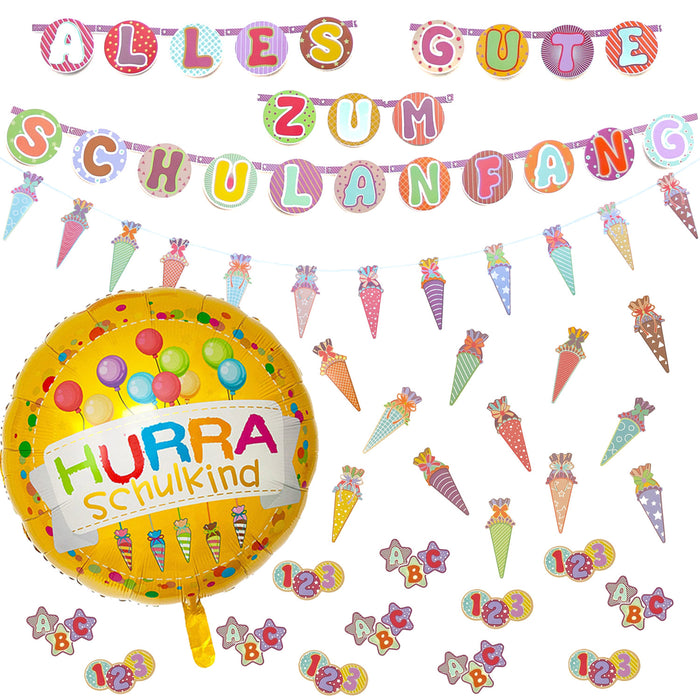 Schuleinführung Schulanfang Einschulung Deko Set - Schulkind Folienballon + 2 Girlanden + Zuckertüten Konfetti + 123 ABC Konfetti