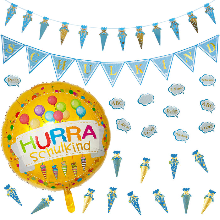 Schuleinführung Schulanfang Einschulung Deko Set - Schulkind Folienballon + 2 Girlanden + 2 Konfetti Sets