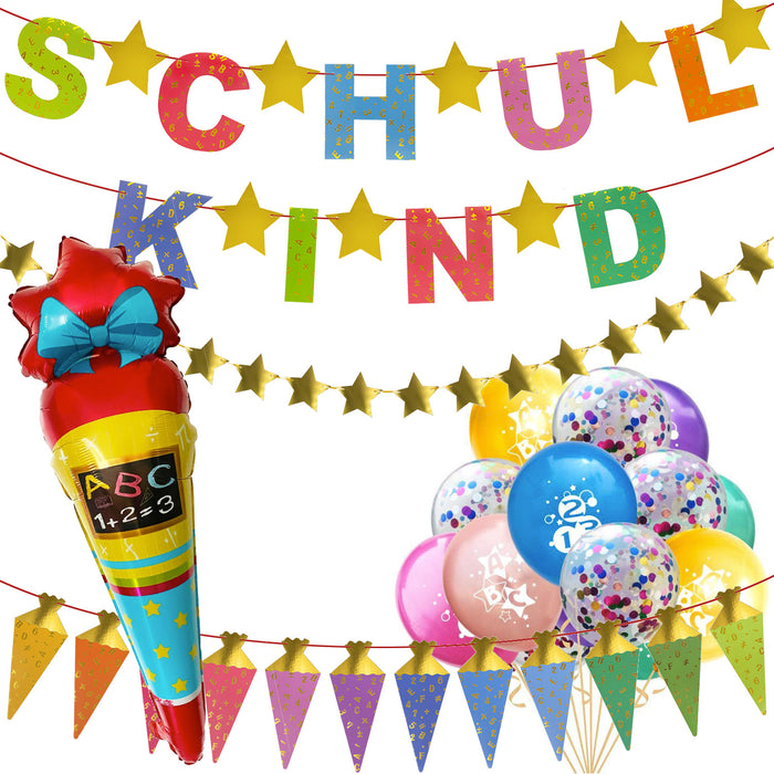 Schuleinführung Schulanfang Einschulung Deko Set - Schulkind Zuckertüten Stern Girlande + Zuckertüten Folienballon + Konfetti Ballon Set