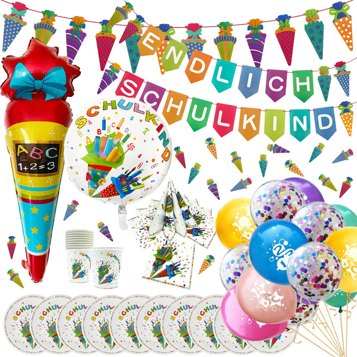 Schuleinführung Schulanfang Einschulung Deko Set - 2 Folienballons + 2 Girlanden + Konfetti Set + 10 Pappteller + 10 Pappbecher + 20 Servietten + 15 Luftballons